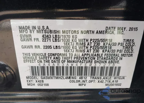 2015 Mitsubishi Outlander Sport Es z USA, uszkodzony, nr VIN 4A4AR3AW4FE037278